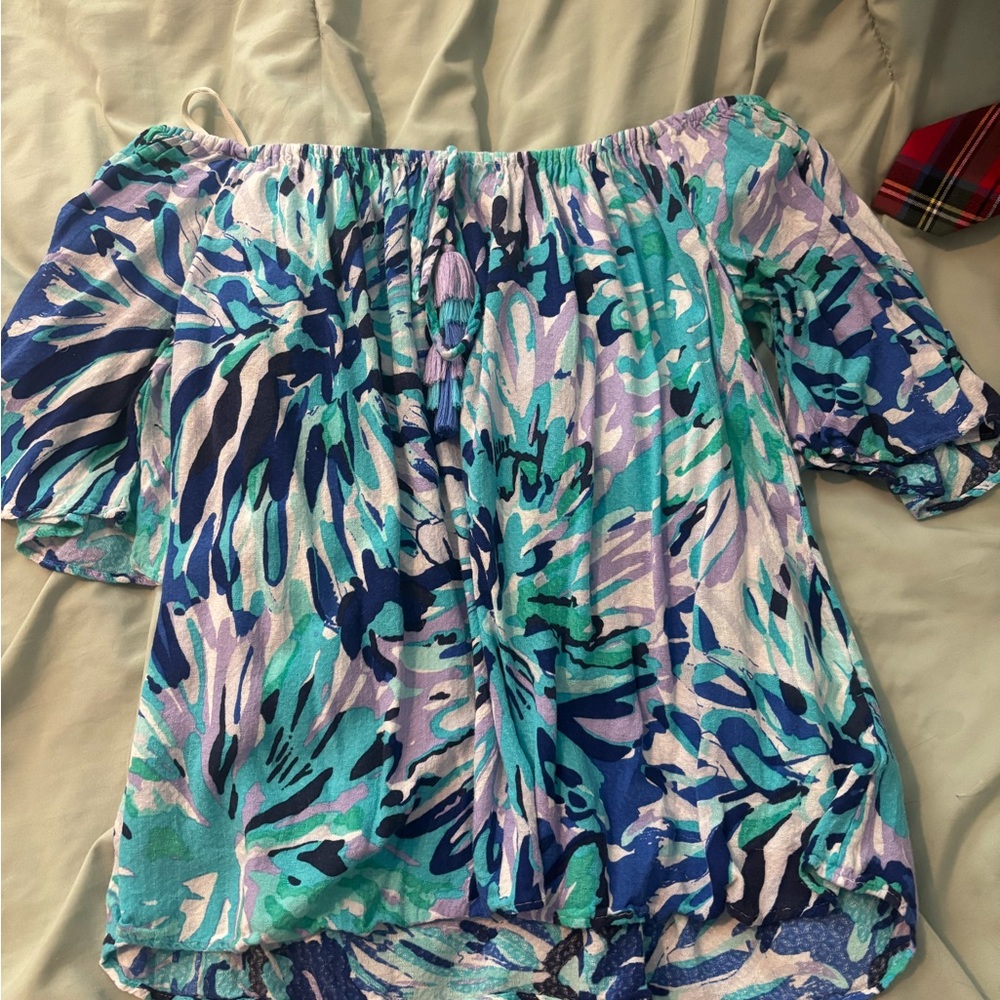 Lilly Pulitzer Vibrant Blue and Purple Off-Shoulder Blouse